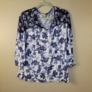 COMO‎ Vintage Women's Blue White Floral Peasant Boho Top Large 3/4 Sleeve...